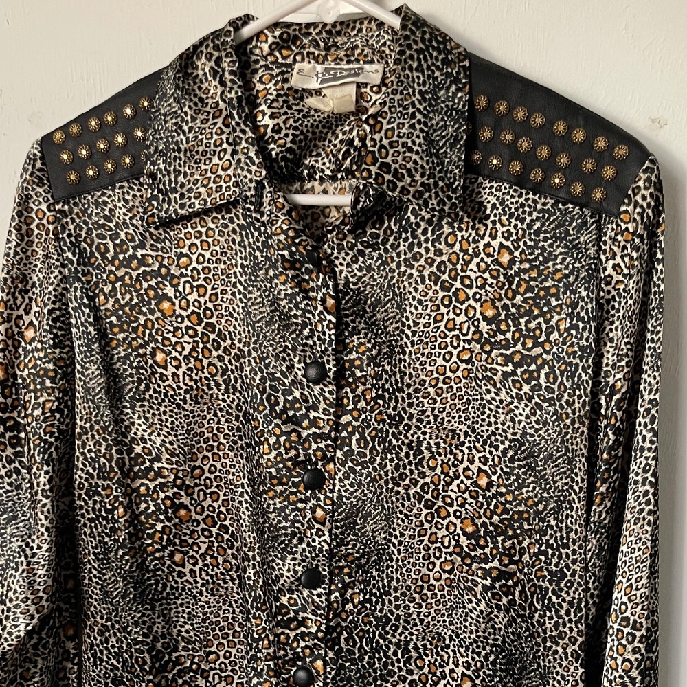 Vintage Leopard Studded Western Blouse Black Leather Trim Peggy Energy